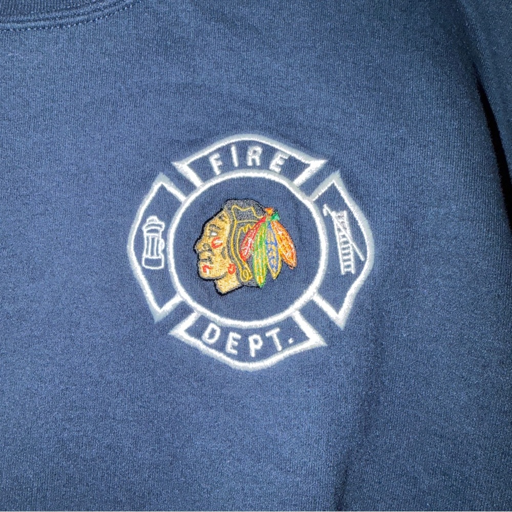 Men’s Gildan Chicago Blackhawks Fire Dept Navy Crewneck Sweatshirt - 2XL